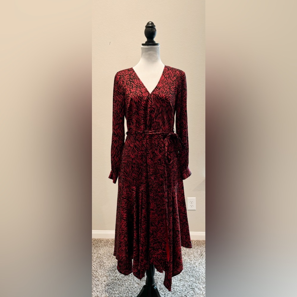 Vince Camuto Drifting Petals Belted Handkerchief-Hem Dress.